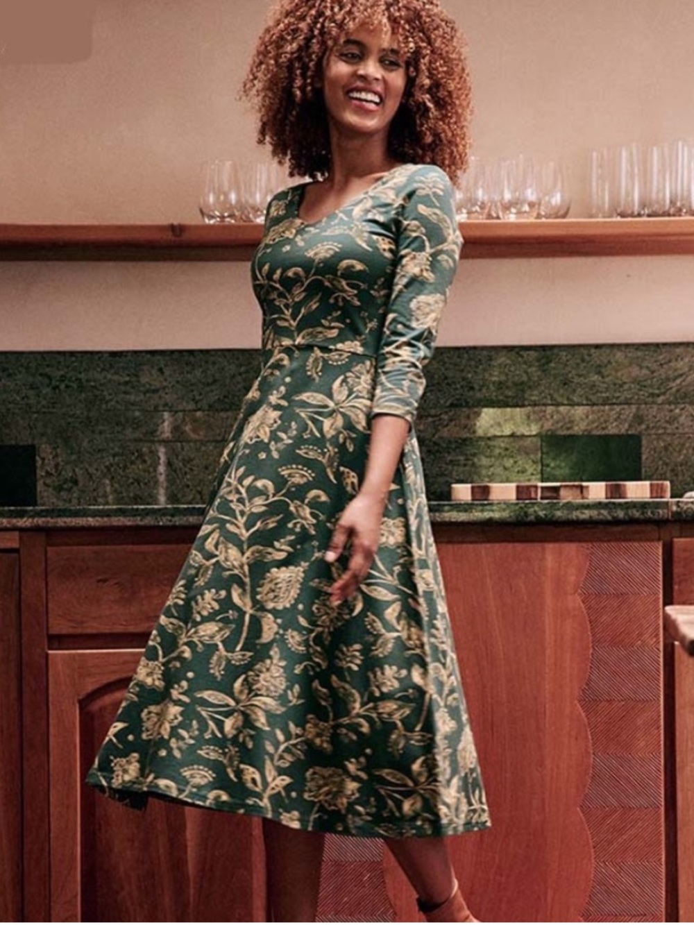 PACT Forest Green Gold Floral V-Neck Midi Dress Organic Cotton XS